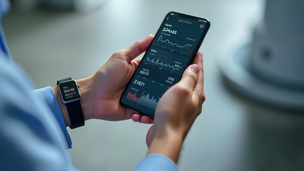 Patient wearing smartwatch and fitness tracker displaying health metrics on smartphone screen, wearable devices showing heart rate and activity data, modern healthcare technology integration, clean minimalist medical setting