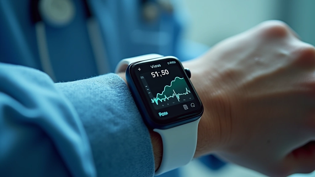 Patient wearable health monitoring devices displaying vital signs on smartwatch and medical sensors, close-up photorealistic view of technology on wrist, clinical metrics visible on screen