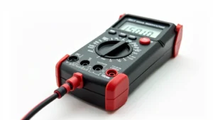 Professional digital multimeter with LCD display measuring voltage, isolated on white background, showing clear numeric readings and measurement ports