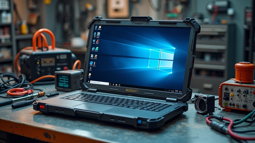 Ruggedized laptop with reinforced corners and sealed keyboard design on a workbench surrounded by diagnostic tools and technical equipment