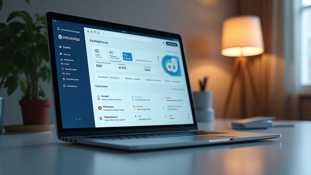 Professional close-up of modern laptop displaying educational dashboard interface with course tiles and navigation panels, clean minimalist design, professional workspace setting with desk lamp