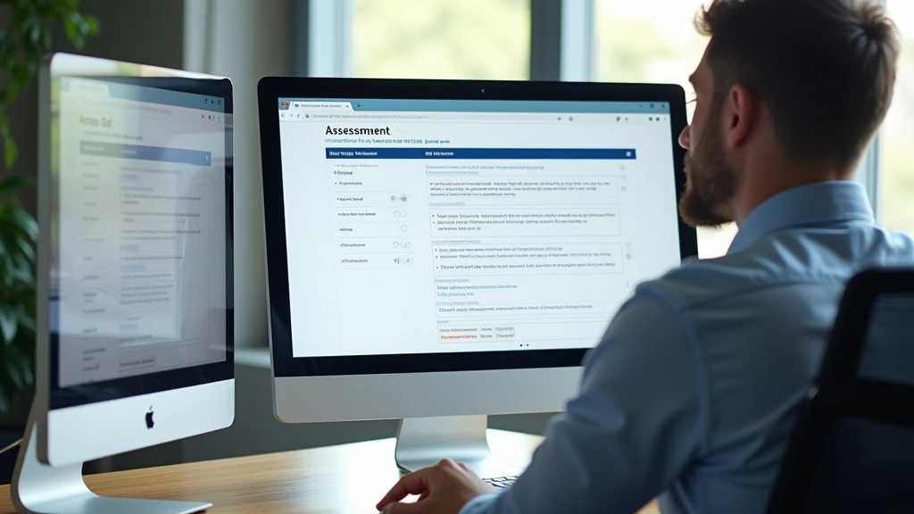 Person in business casual attire using desktop computer in bright office, screen showing assessment rubric and student submission feedback interface, focused concentration expression