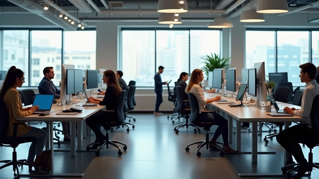 Modern tech office workspace with standing desks, multiple monitors, and collaborative areas featuring young professionals working on laptops and tablets in bright, contemporary office environment