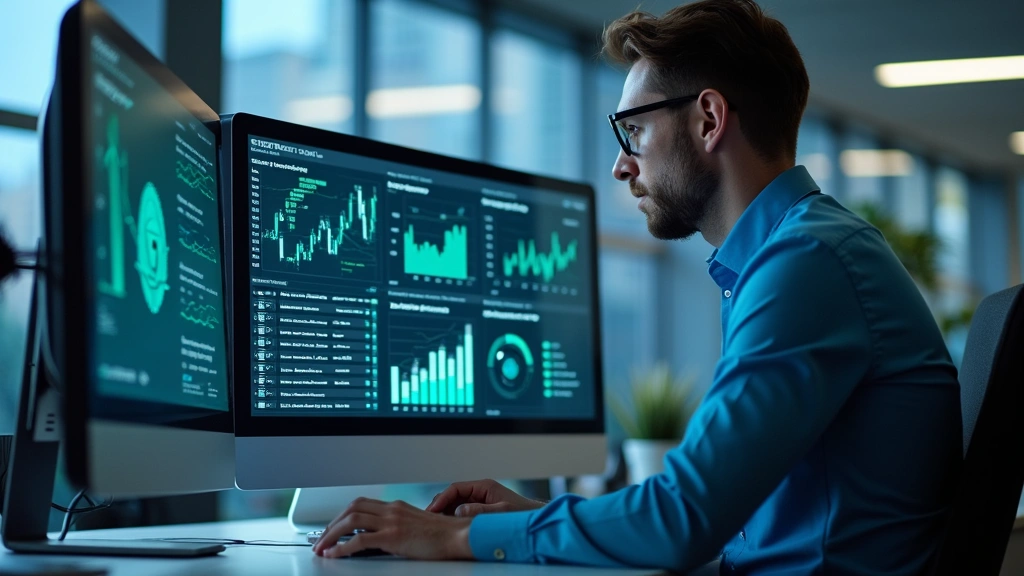 Professional cybersecurity analyst reviewing security dashboards and authentication metrics on modern computer workstation, blue and green data visualizations, clean tech office environment