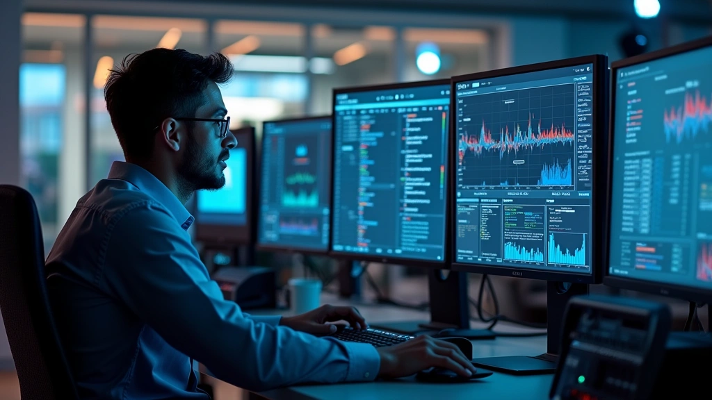 Professional IT technician working at desk with multiple computer monitors displaying network diagnostics and performance metrics in modern office environment