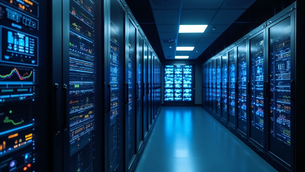 Network operations center with illuminated server racks and monitoring displays showing real-time system status and connectivity metrics