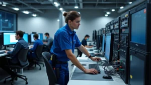 Professional business office with multiple computer workstations, ethernet cables, networking equipment, and a technician in blue uniform assisting employees at desk with modern tech setup
