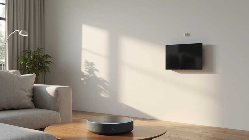 Modern minimalist smart home setup with Echo speaker, Nest thermostat on wall, and smart lighting fixtures in contemporary living room, photorealistic, professional product photography