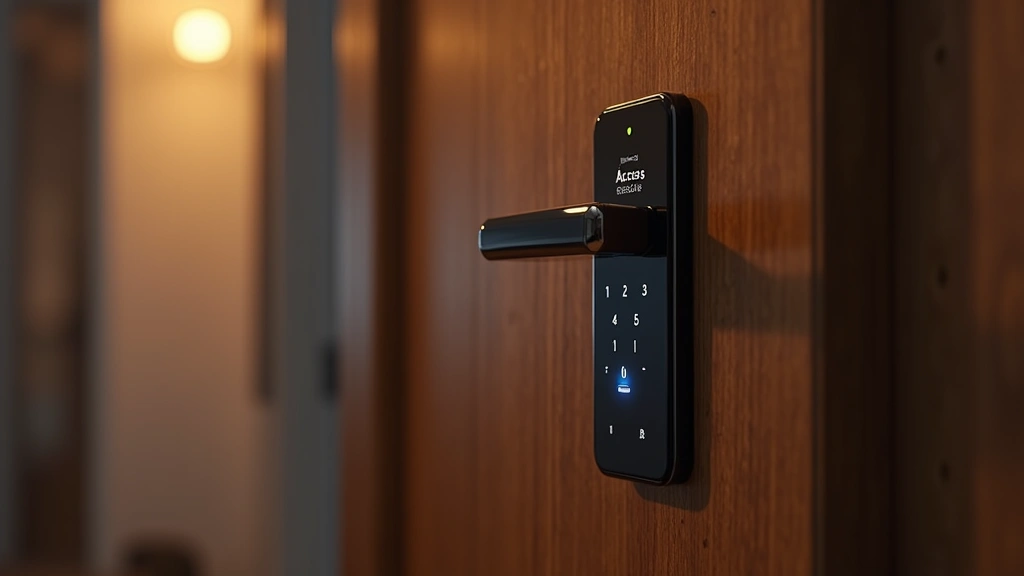 Sleek smart door lock with keypad mounted on wooden entrance door, illuminated display showing access granted, warm interior lighting, photorealistic detail