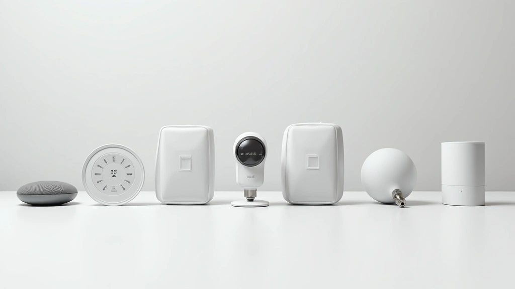 Smart home hub ecosystem display showing multiple connected devices - thermostat, cameras, smart bulbs, and speakers arranged on clean white surface, product arrangement photography