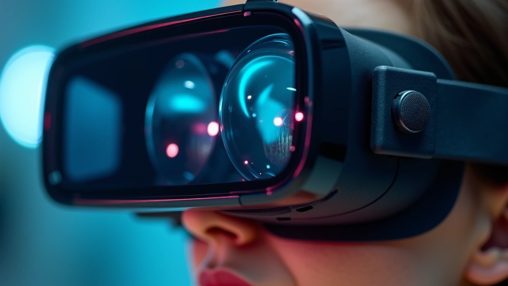 Close-up of VR headset display technology showing optical lenses and screen panel details, shallow depth of field, professional product photography