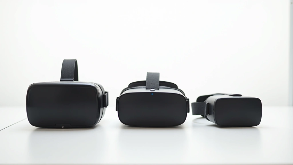 Multiple VR headsets displayed on table showing size and design comparison, professional lighting, clean white background, no text visible