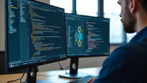 Close-up of modern computer workstation with dual monitors displaying data visualizations and code editor with neural network architecture diagrams on screen, professional office environment, natural lighting