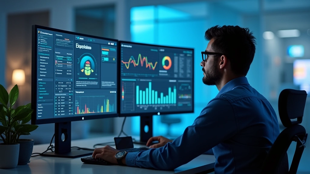 Professional data analyst reviewing compliance dashboard on dual monitors in modern office, displaying compliance metrics, risk indicators, and regulatory status in real-time
