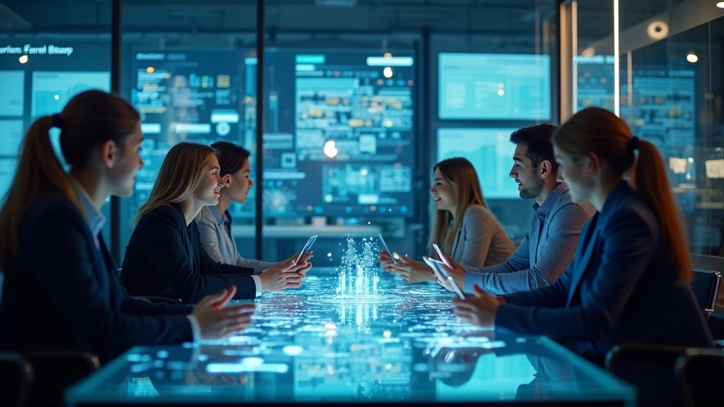 Team of compliance professionals collaborating around table with digital compliance documents, audit trails, and regulatory frameworks visible on transparent screens and holographic displays