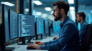 Professional IT technician working at computer workstation with multiple monitors, troubleshooting software, wearing business casual attire in modern office environment