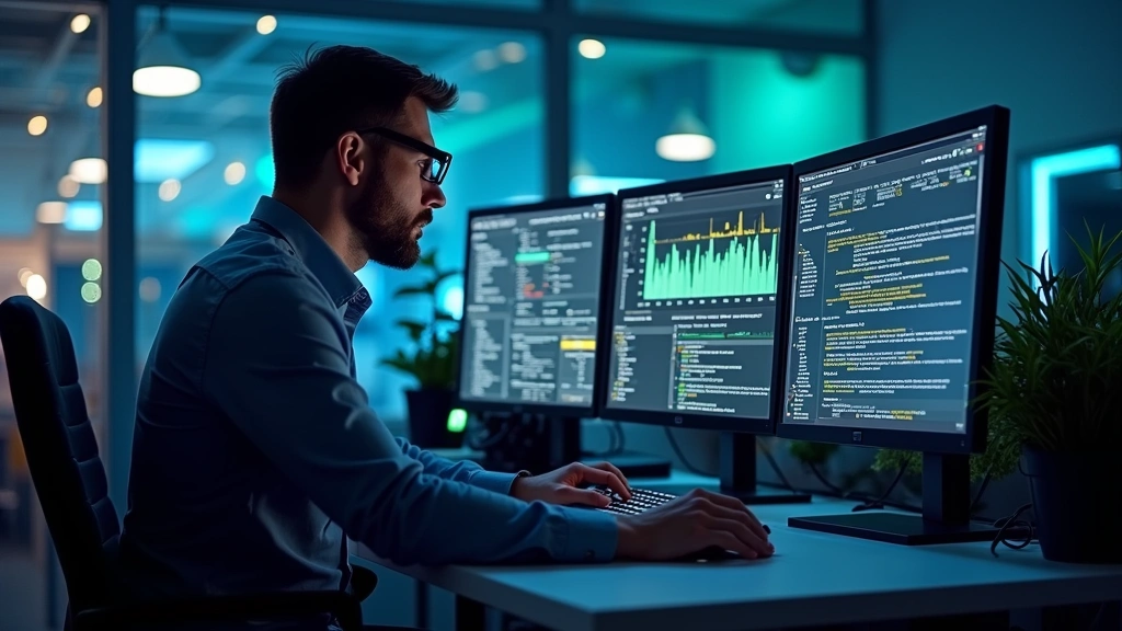 Professional IT technician working at computer workstation with multiple monitors displaying network diagnostics and system information, modern office environment with tech equipment