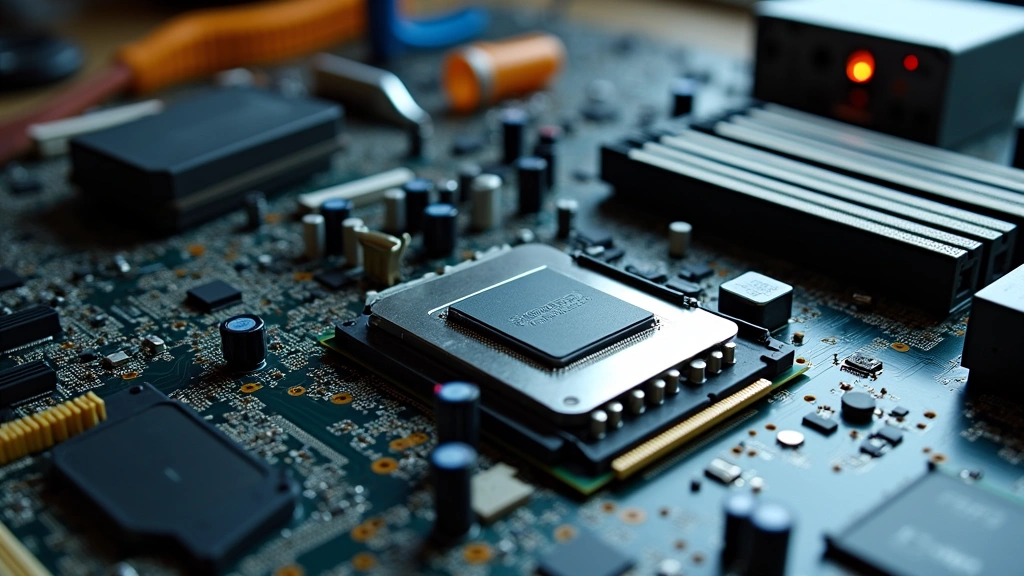 Detailed close-up of computer hardware components including motherboard, RAM modules, CPU, and cooling systems arranged on workbench with tools