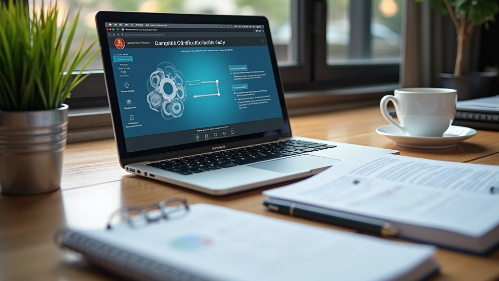 Certification exam study materials including CompTIA study guides, laptop displaying practice exam interface, coffee cup, and organized desk workspace for IT professional preparation