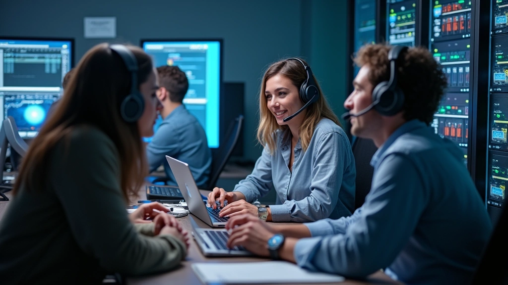 Diverse IT team collaborating in modern tech support center with servers, networking equipment, and monitoring displays in background