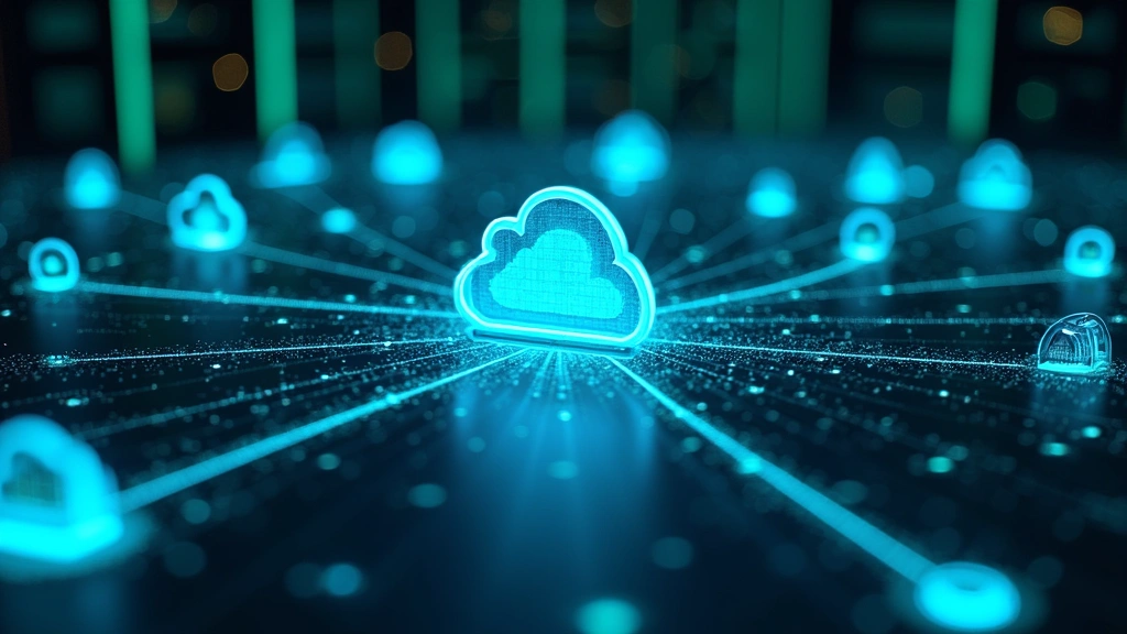 Network infrastructure visualization showing connected servers, routers, and cloud computing elements in a data center environment with blue and green holographic displays