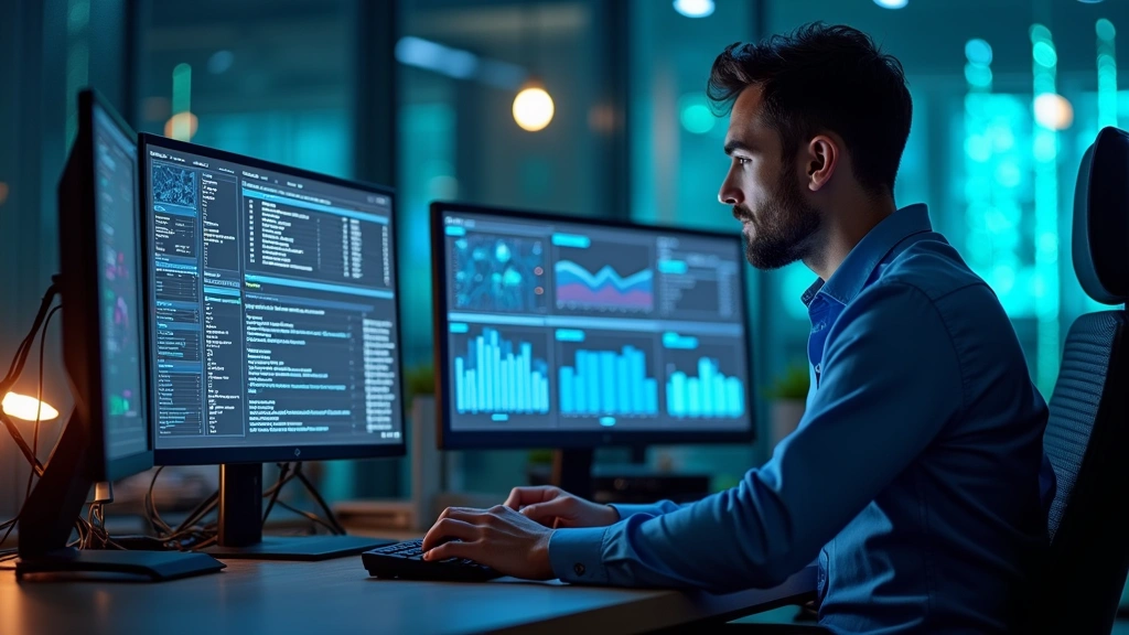 Professional IT technician working at computer workstation with multiple monitors displaying network diagnostics and security dashboards, realistic office environment with technology equipment
