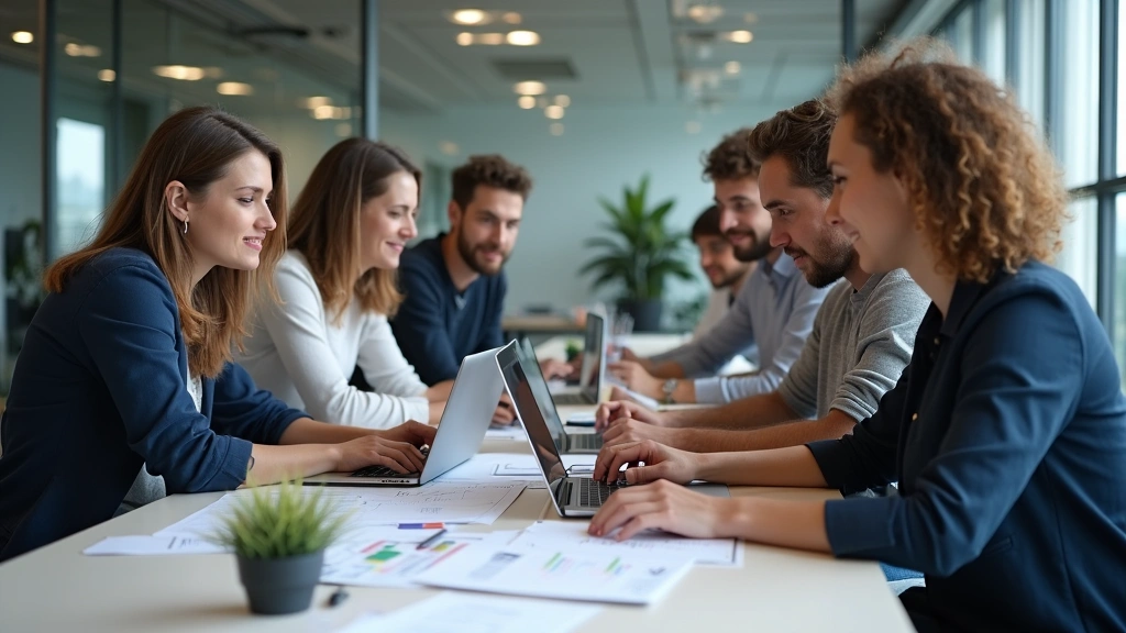 Diverse group of IT professionals in modern office setting reviewing certification materials and studying together, collaborative learning environment with laptops and technical documentation