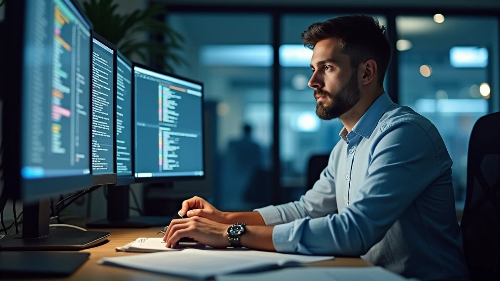 Professional IT technician studying at desk with multiple computer monitors, CompTIA study materials, and certification exam preparation materials visible, focused concentration expression, modern office environment