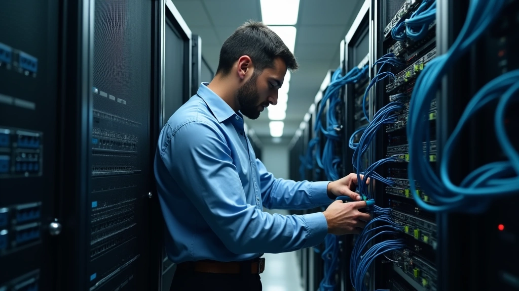 Network engineer configuring enterprise server equipment in data center, hands on hardware, surrounded by networking cables and server racks, professional technical environment, concentrated work atmosphere
