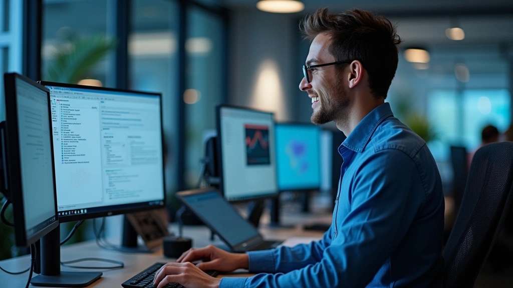 Career advancement visualization showing IT professional in modern tech office environment, satisfied expression, multiple computer displays showing certifications and professional achievements, success and accomplishment theme
