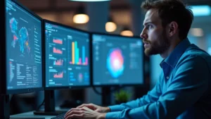 Professional IT technician working at a modern tech workstation with multiple monitors displaying network dashboards and AI analytics, wearing tech company branded clothing, focused concentration, realistic office environment