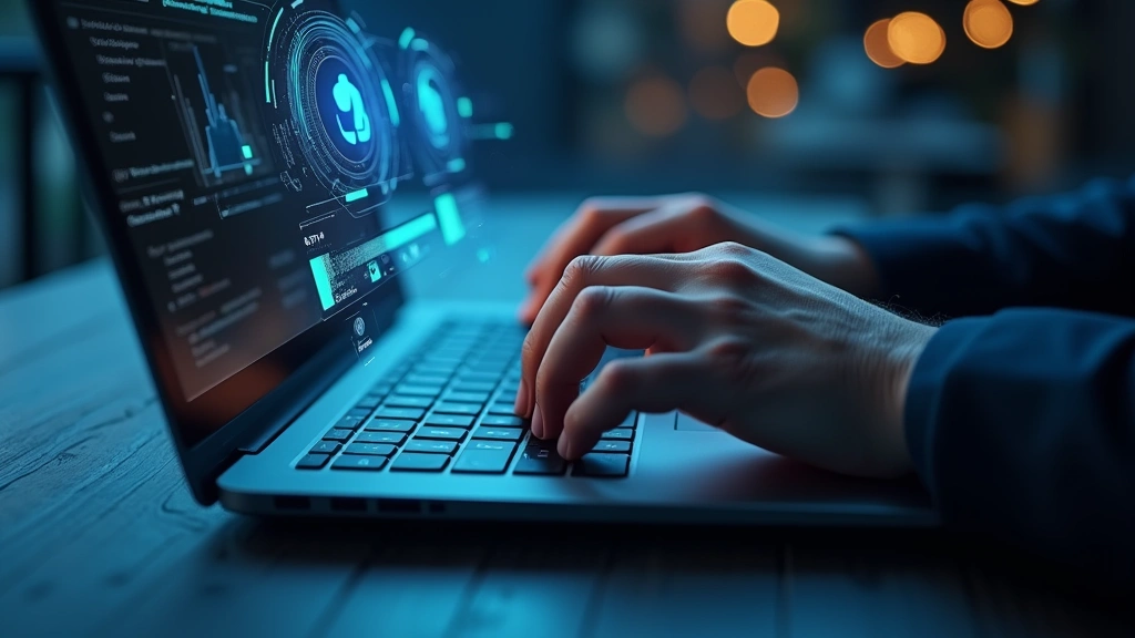 Close-up of hands on mechanical keyboard with AI-generated holographic interface elements floating above, representing modern tech professional working with AI systems, photorealistic lighting