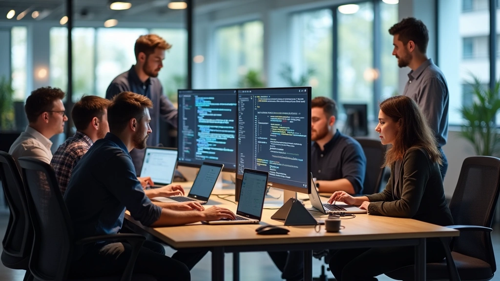 Team of software developers collaborating at desk with laptops and standing desk setup, diverse group discussing code on large monitor, bright modern tech office space with natural lighting