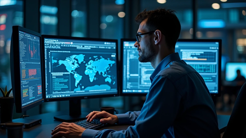 Cybersecurity specialist reviewing security dashboard on multiple monitors, analyzing network traffic and threat data, professional office environment with cybersecurity monitoring displays