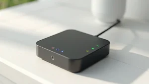 Modern minimalist smart home hub device with multiple colored LED indicators, sleek matte black finish, sitting on white wooden surface with soft natural lighting