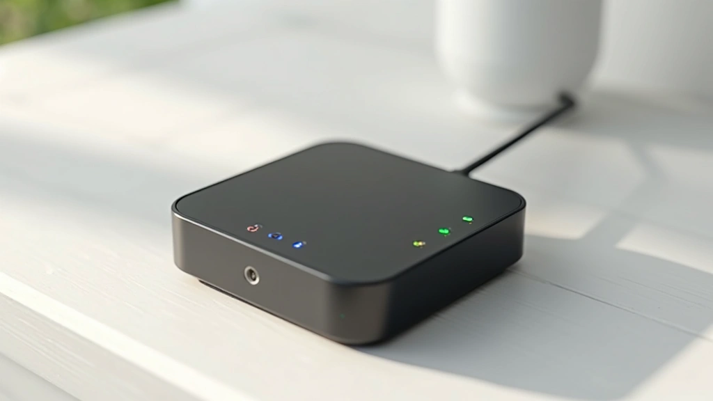 Modern minimalist smart home hub device with multiple colored LED indicators, sleek matte black finish, sitting on white wooden surface with soft natural lighting