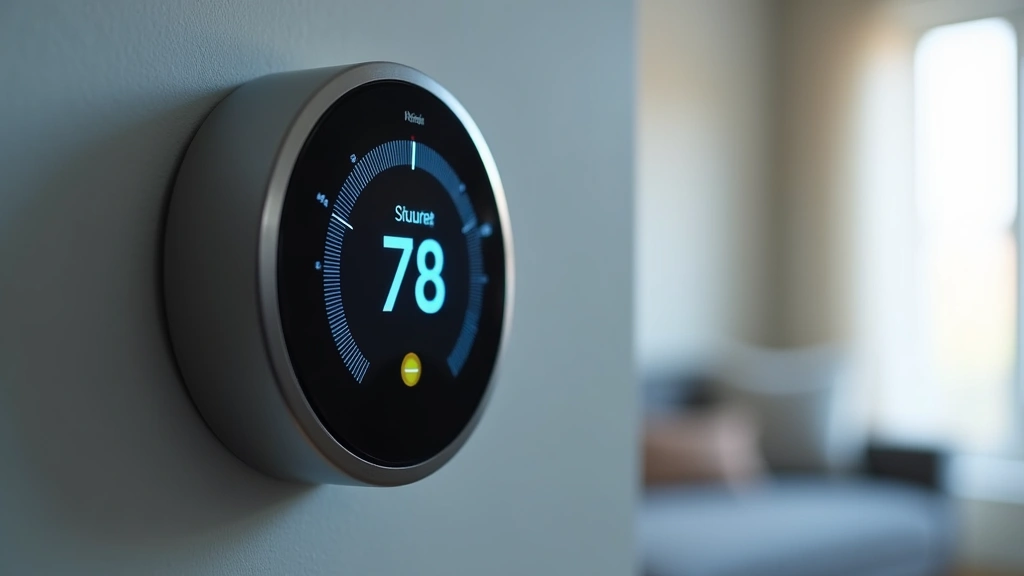 Close-up of smart thermostat display showing temperature and humidity readings with geometric interface design, mounted on light gray wall with ambient lighting