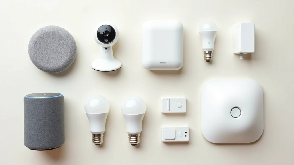 Flat lay of various smart home devices including voice speaker, security camera, smart bulbs, and motion sensor arranged on light background with organized spacing