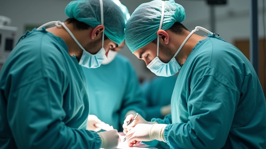 Professional surgical technologist in sterile operating room environment wearing full surgical attire including mask, cap, and sterile gown, assisting surgeon during minimally invasive procedure with modern surgical instruments and monitors visible