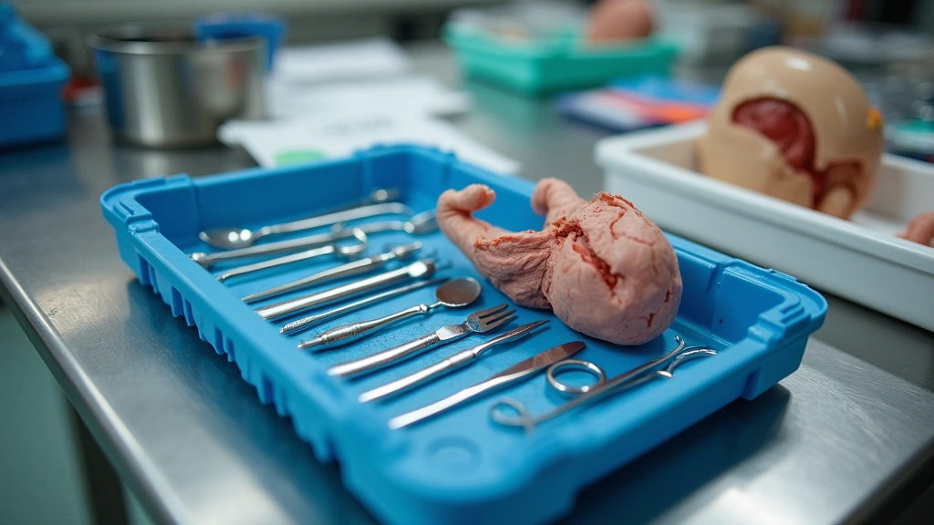 Close-up of surgical technology training equipment including surgical instrument sets, sterilization trays, and anatomical models arranged on stainless steel surgical tech workspace with educational materials