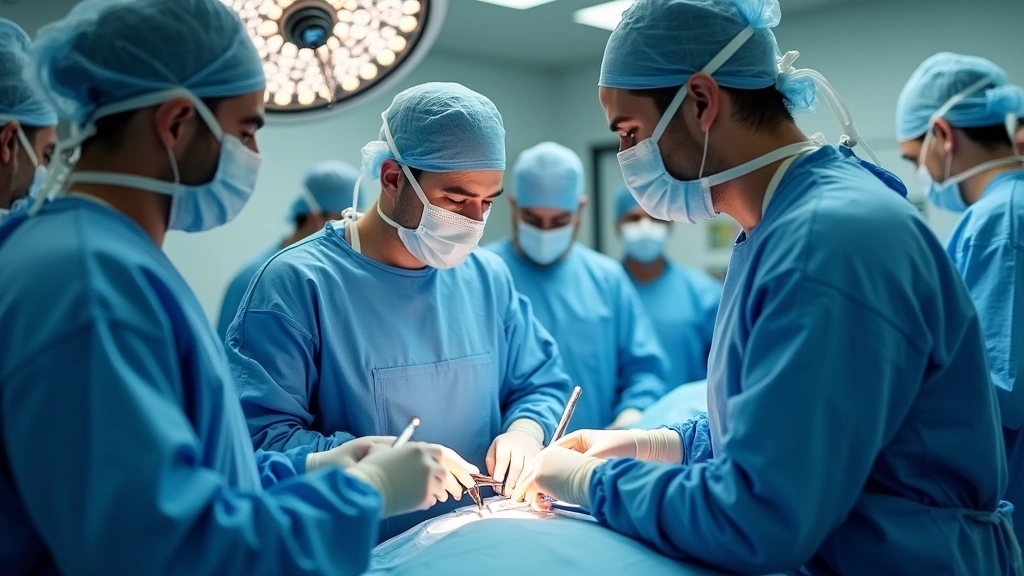 Modern hospital operating room with multiple surgeons and surgical technologists collaborating during complex surgical procedure, demonstrating professional teamwork and advanced surgical technology in clinical setting