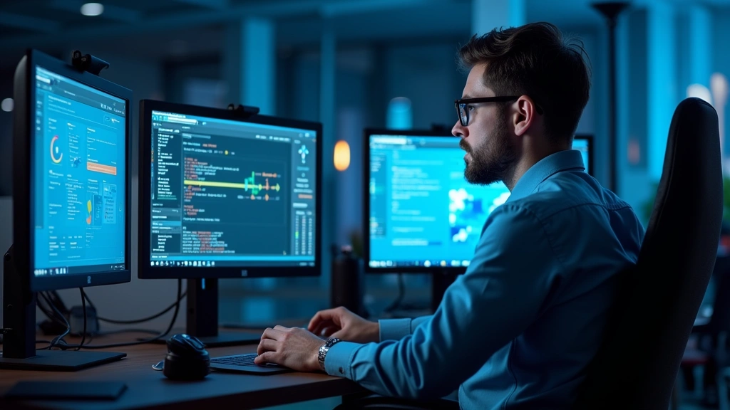 Professional web developer at desk with multiple monitors displaying DNS configuration dashboard and Vercel interface, modern office environment with blue lighting