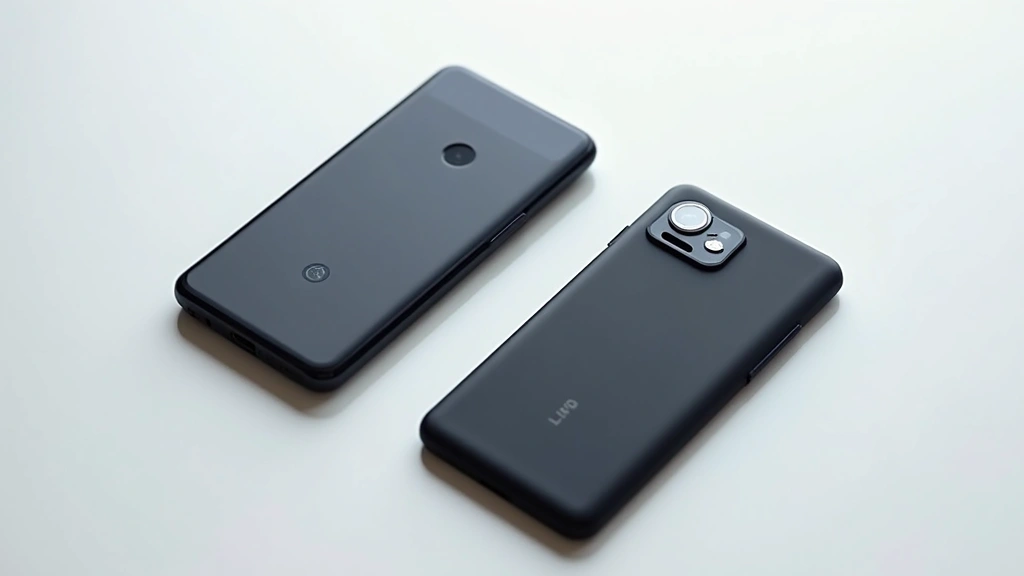 Google Pixel 8 Pro smartphone displayed from front and back angles, showing obsidian matte finish and horizontal camera bar, premium materials visible, natural lighting on white surface