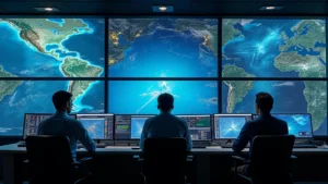 High-resolution modern air traffic control room with multiple digital displays showing aircraft trajectories, radar data, and weather information in real-time, controllers in professional attire monitoring screens with glowing data visualizations
