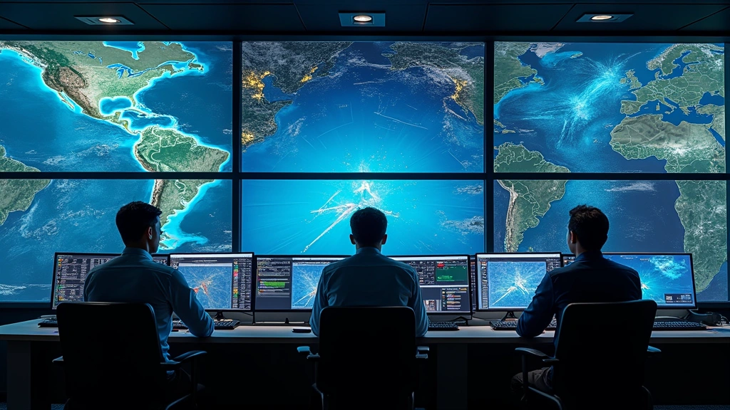 High-resolution modern air traffic control room with multiple digital displays showing aircraft trajectories, radar data, and weather information in real-time, controllers in professional attire monitoring screens with glowing data visualizations