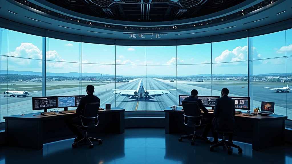 Futuristic remote digital tower control center with controllers operating from centralized facility, high-resolution video walls displaying 360-degree airport views, synthetic vision displays showing aircraft positions and terrain, professional aviation environment with multiple workstations