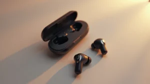 Flat lay composition of premium wireless earbuds with charging case, ambient lighting highlighting metallic accents and matte finish on neutral background