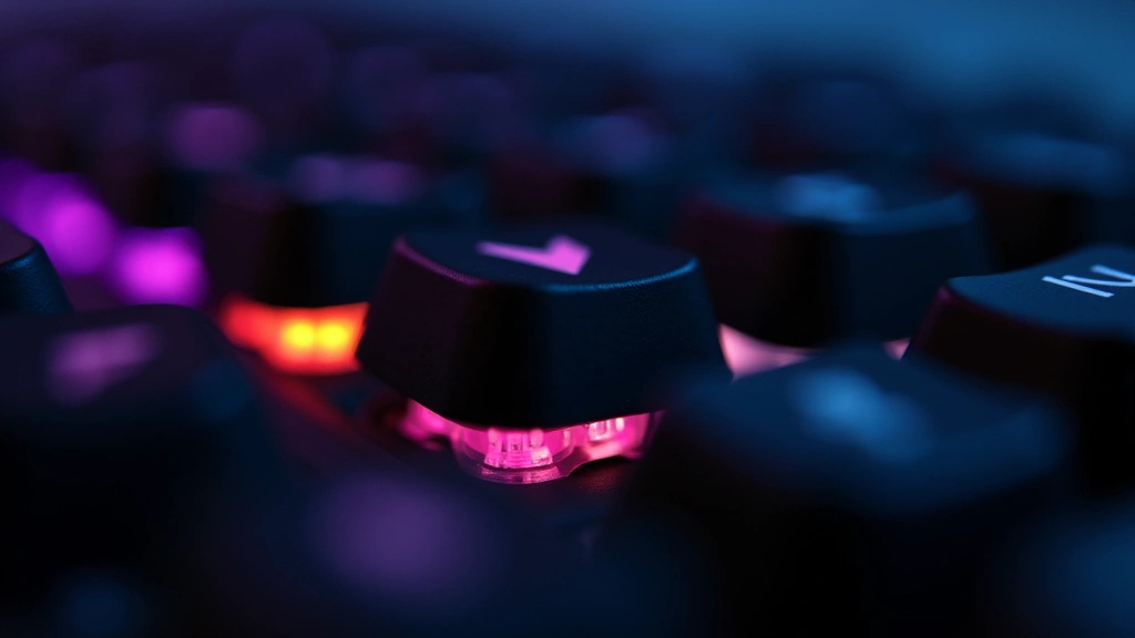 Close-up of mechanical keyboard switch mechanism with RGB lighting, showing individual switch cross-section and keycap detail, shallow depth of field
