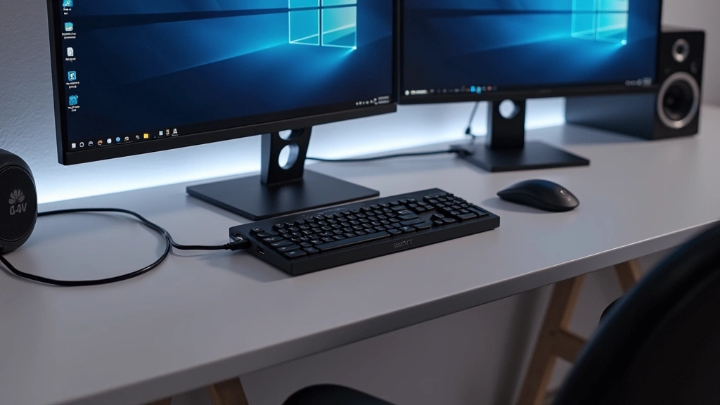 Modern home office setup featuring USB-C docking station connected to dual 4K monitors, showing cable management and professional aesthetic with tech gadgets