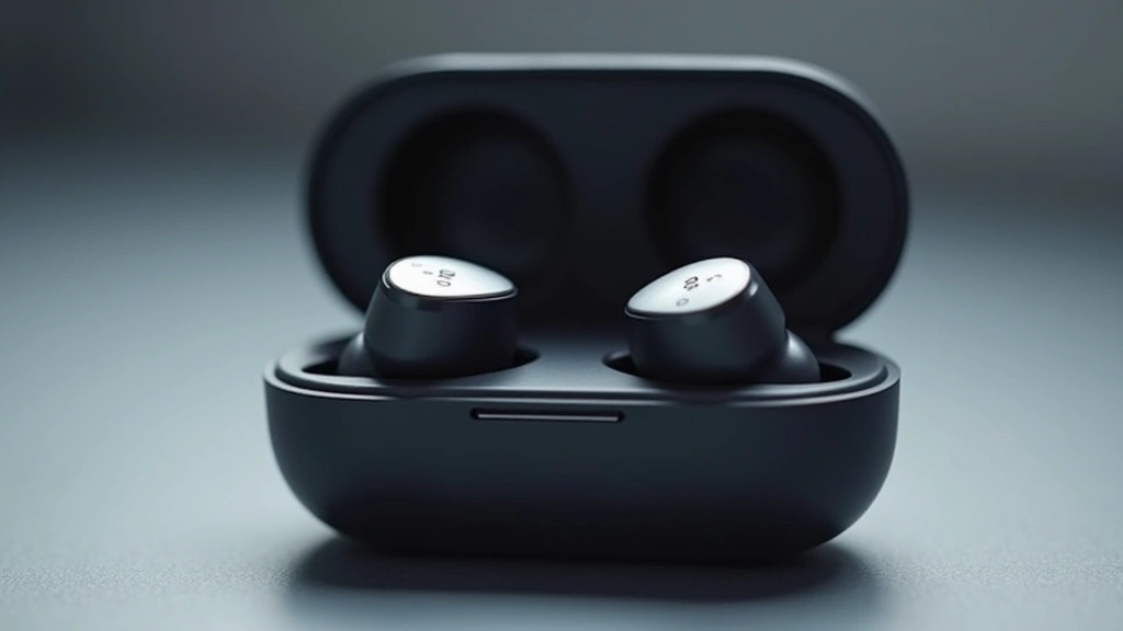 Wireless earbuds with active noise cancellation in premium charging case, minimalist design, metallic finishes, professional tech product shot, soft studio lighting, shallow depth of field
